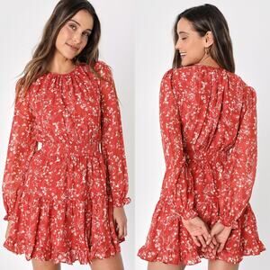 Lulus Too Cute Rust Red Floral Print Smocked Long Sleeve Mini Dress